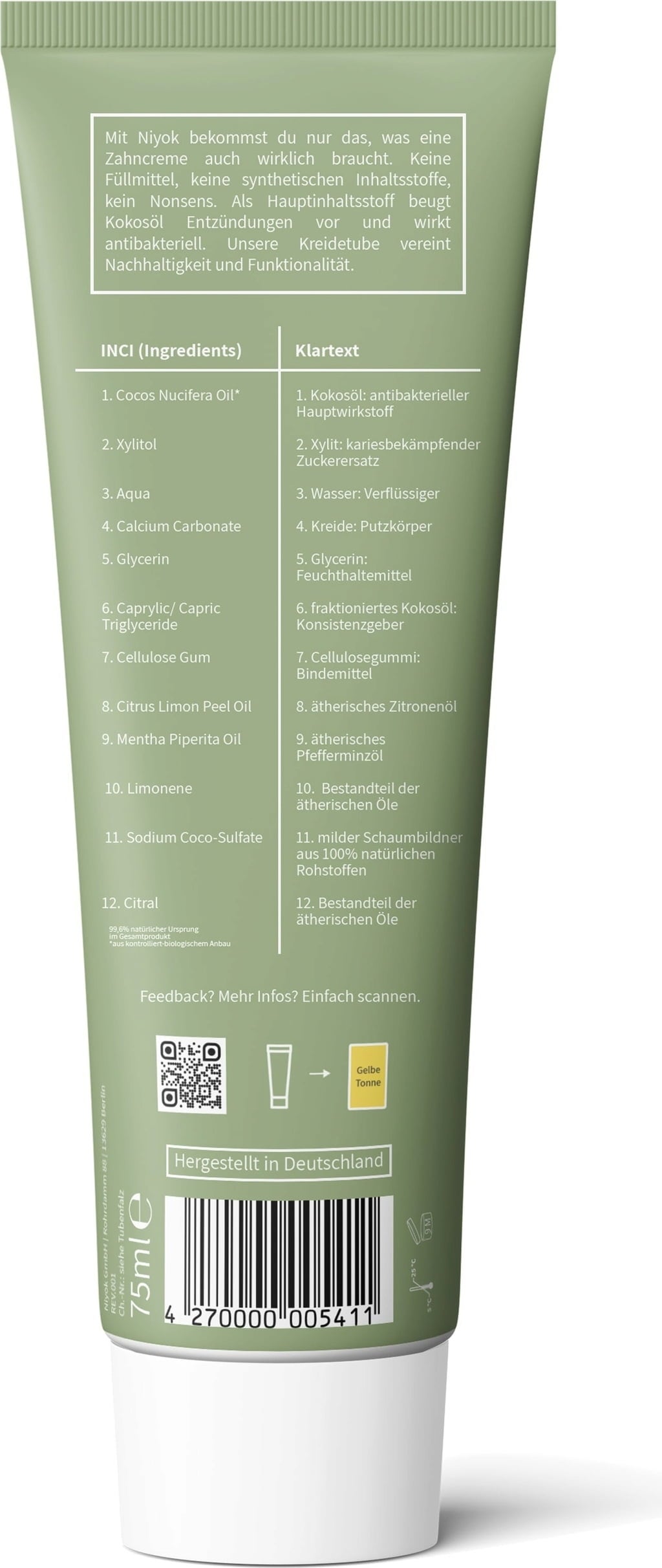Niyok Zahncreme Pfefferminze & Zitrone - 75 ml
