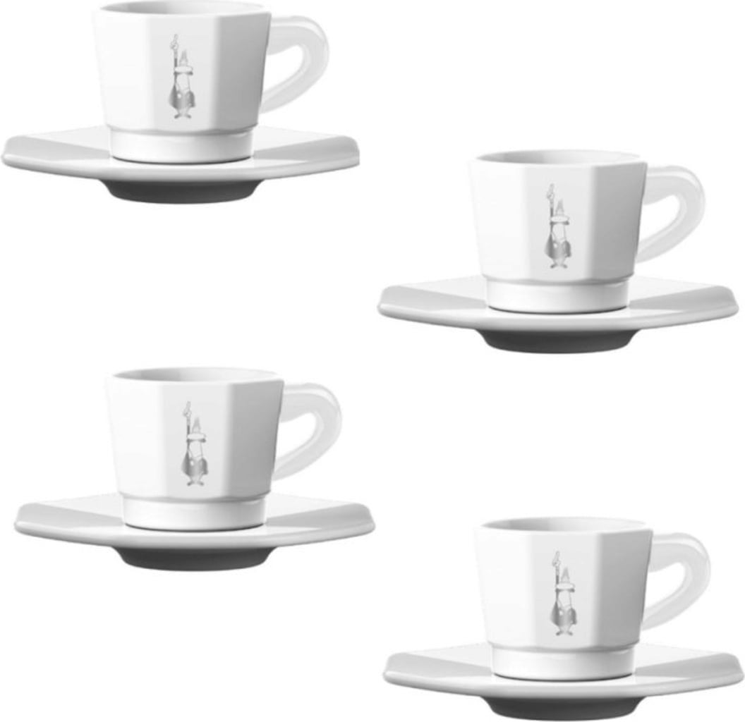 Bialetti Espresso Tassen achteckig, 4er Set - weiß/silber