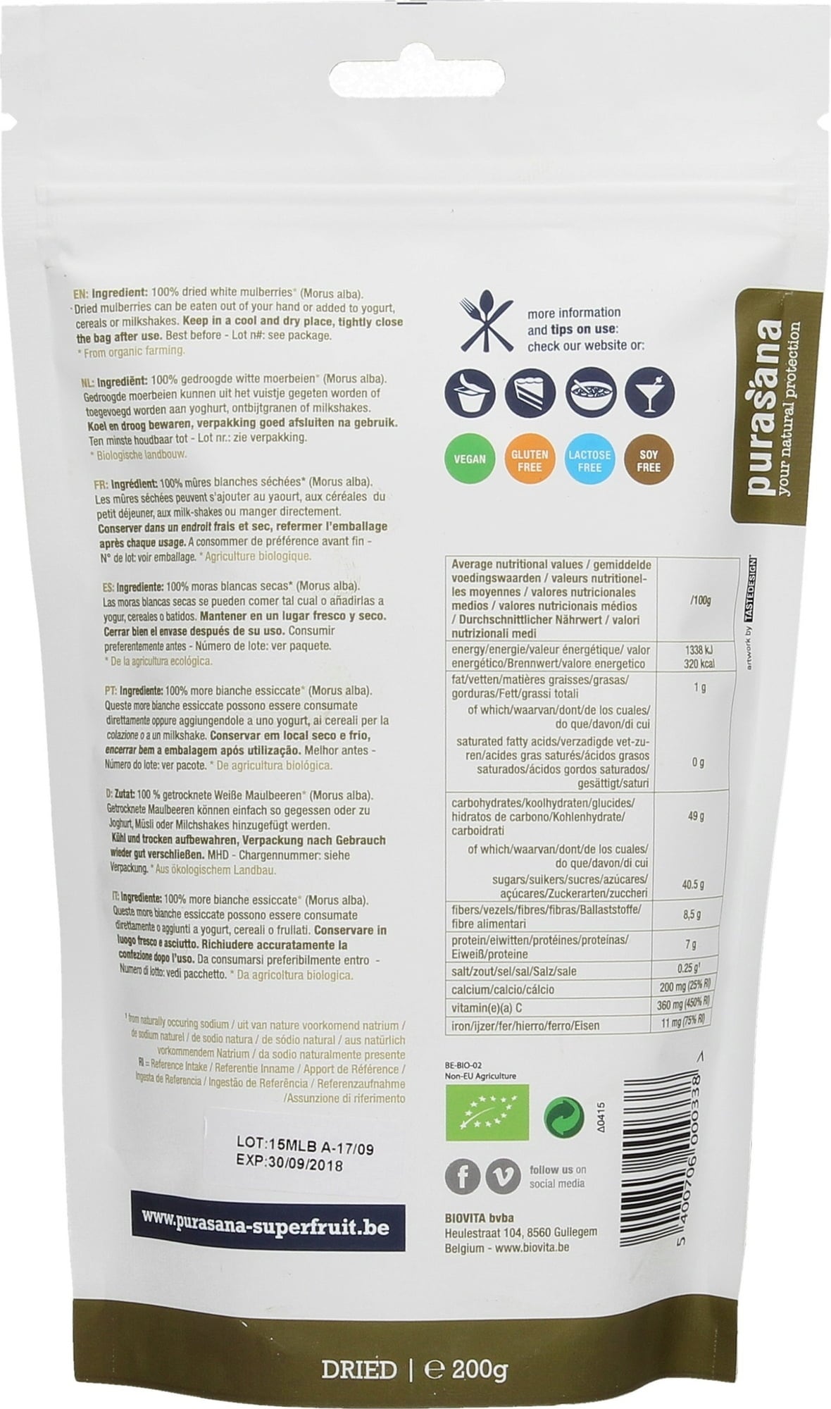 Purasana Weiße Maulbeeren BIO - 200 g