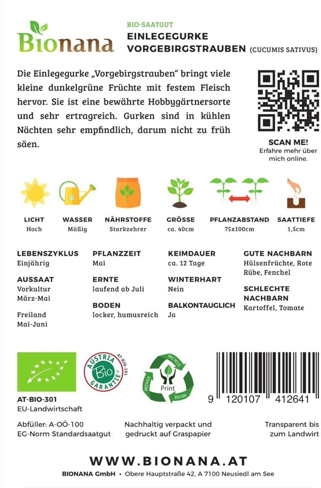 Bionana Bio Einlegegurke „Vorgebirgstrauben“ - 1 Pkg