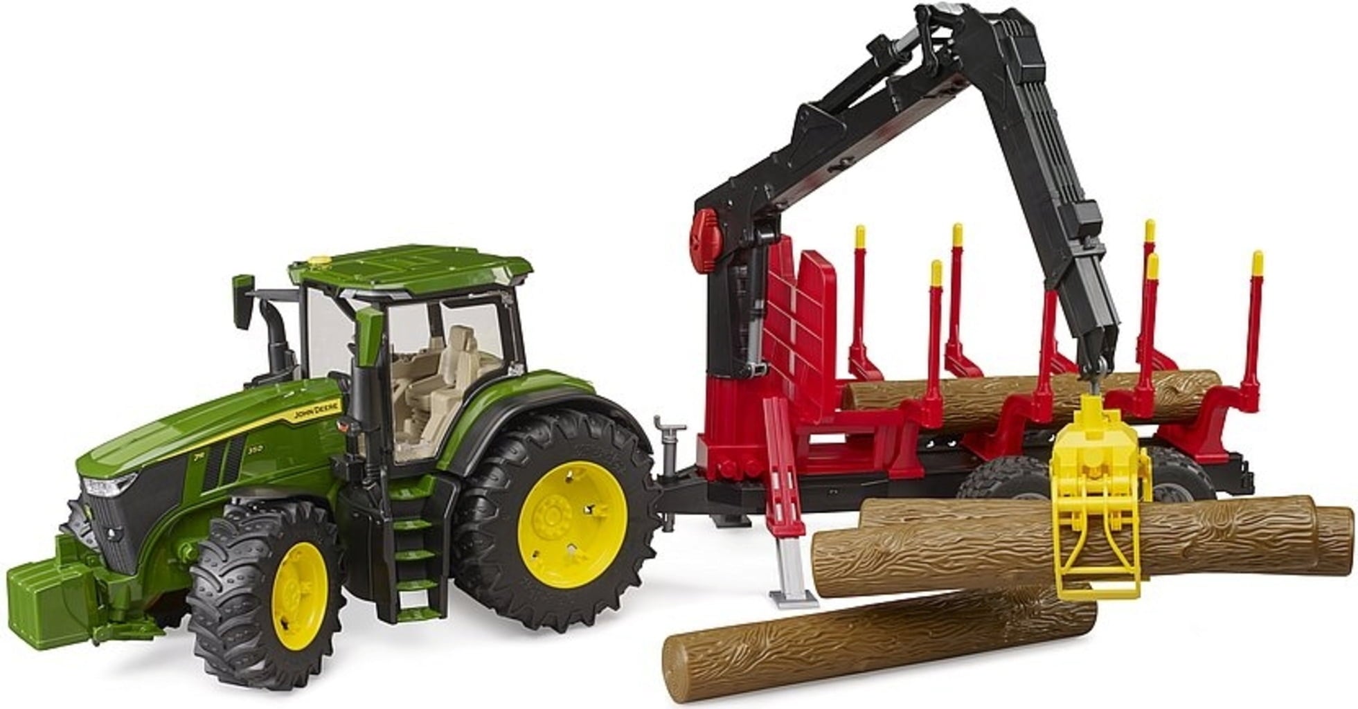 John Deere 7R 350 mit Rückeanhänger und 4 Baumstämmen