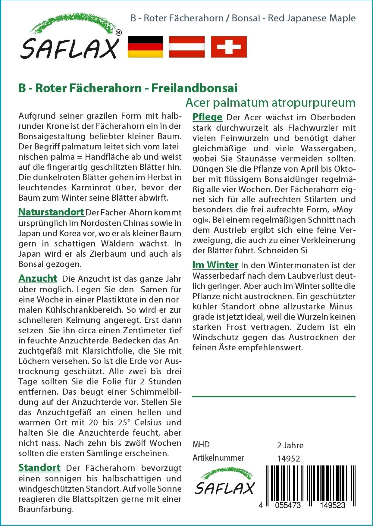 Saflax Bonsai - Roter Fächerahorn - 1 Pkg