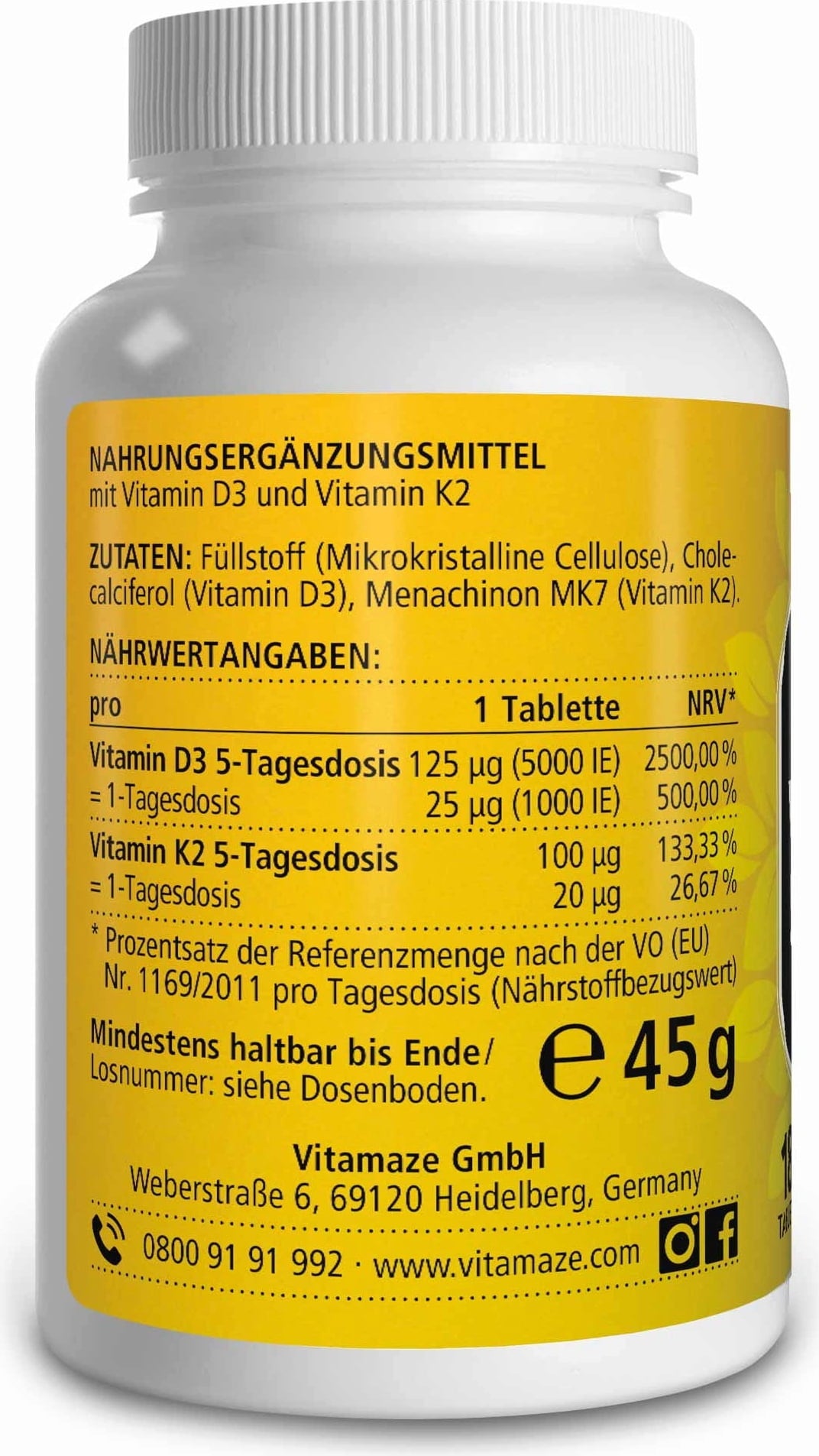 Vitamin D3 5000 IE + K2 100 µg hochdosiert & vegetarisch