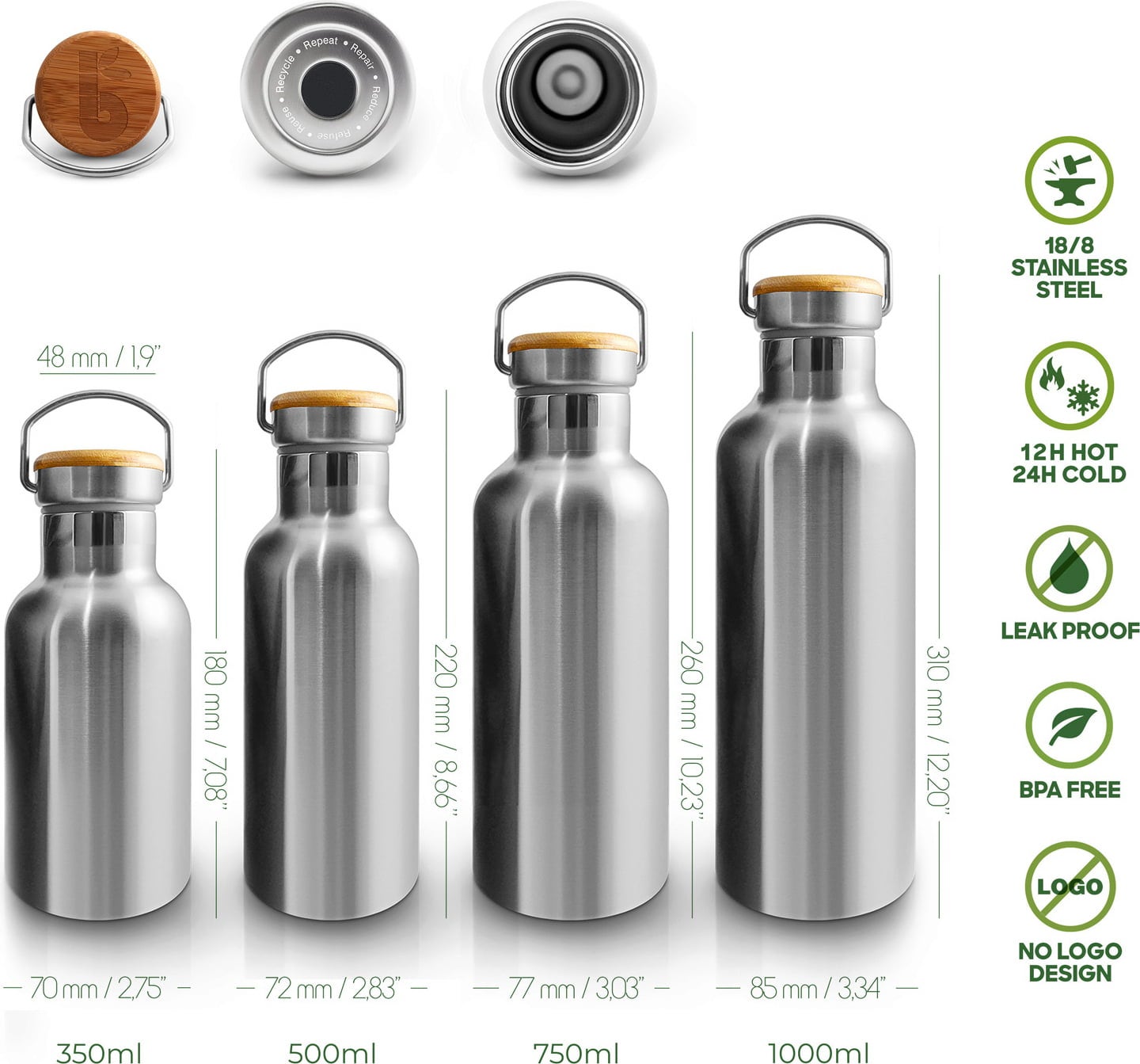 Bambaw Thermosflasche aus Edelstahl 500 ml - Natural Steel