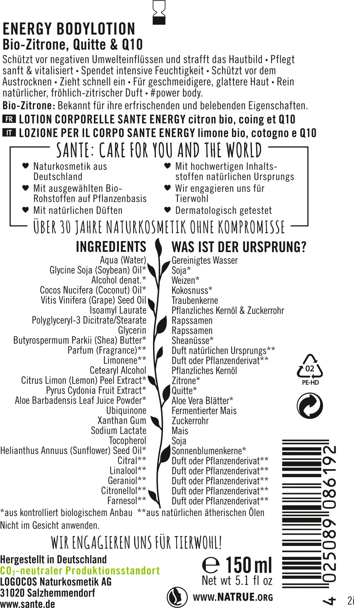 SANTE Naturkosmetik ENERGY Bodylotion Bio-Zitrone & Quitte - 150 ml