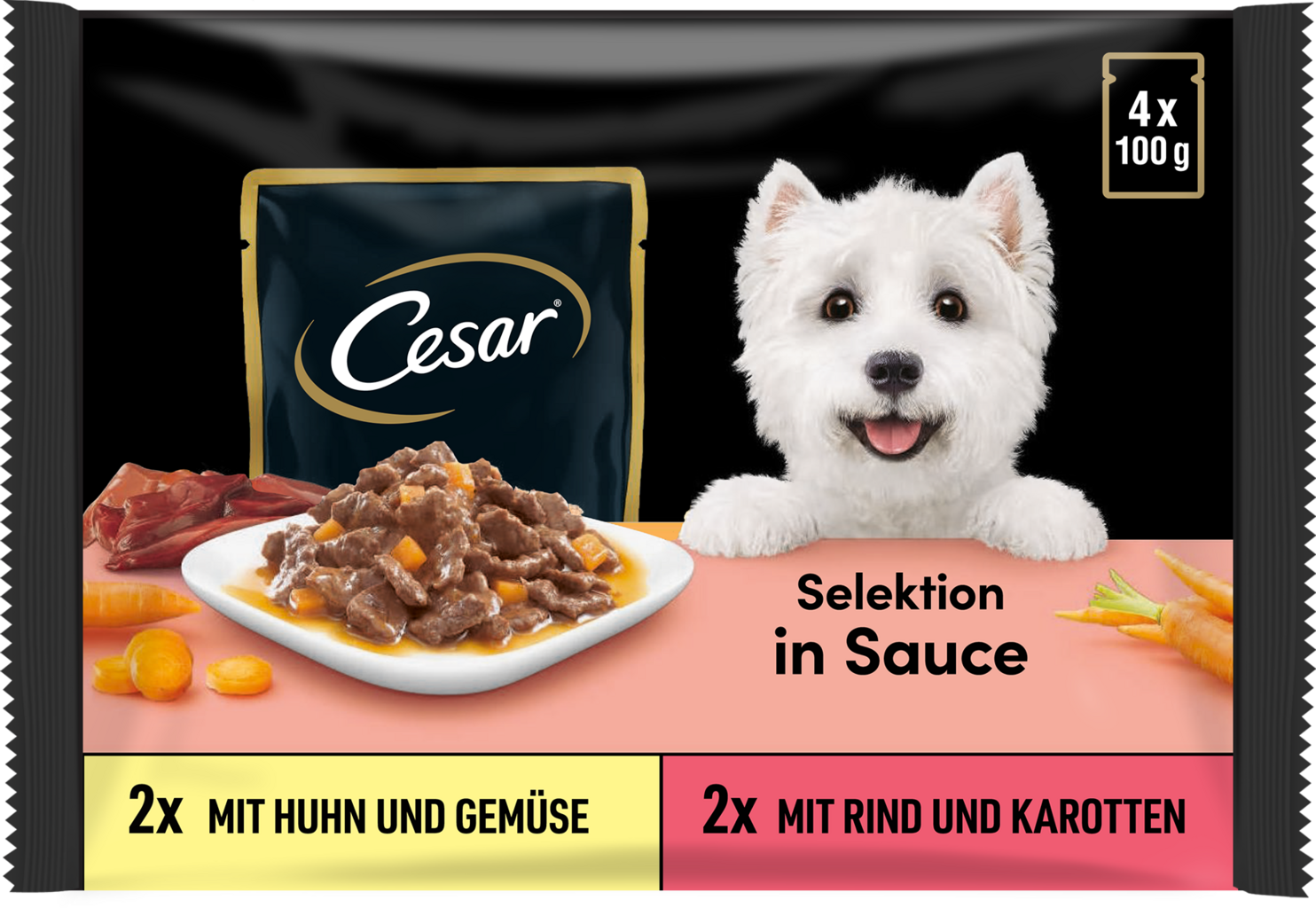 Selektion in Sauce Huhn&Gemüse, Rind&Karotten, 4x100g