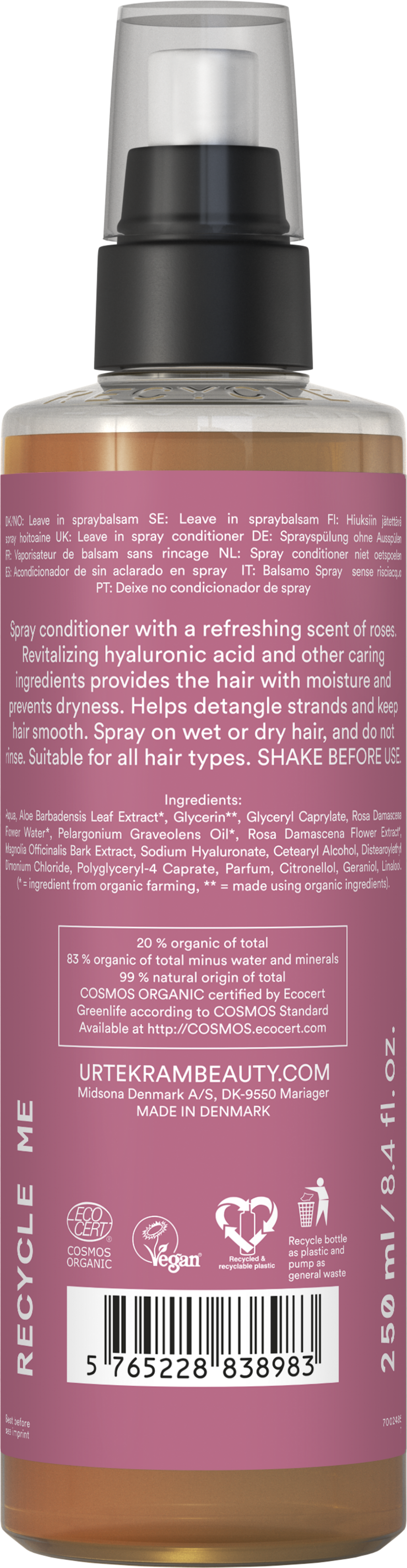 URTEKRAM Nordic Beauty Rose Spray Conditioner - 250 ml
